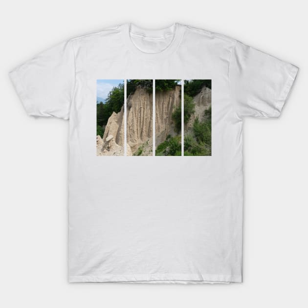 The incredible earth pyramids of Collepietra (Piramidi di Terra) in the Dolomites. Striking place. Italian Alps. Sunny spring day with no people. Valley in the background. Trentino Alto Adige. T-Shirt by fabbroni-art